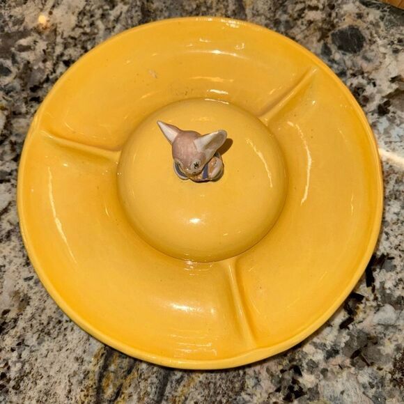 Homemade 1966 vintage ceramic cheese server with mouse topper lid